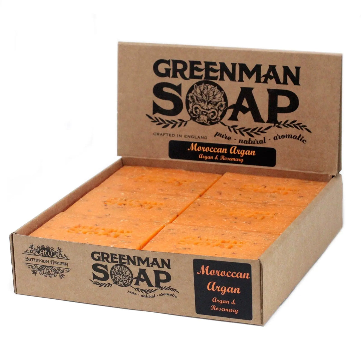 Caja de cartón artesanal con seis jabones naranjas de argán marca Greenman Soap. Estilo rústico y natural.