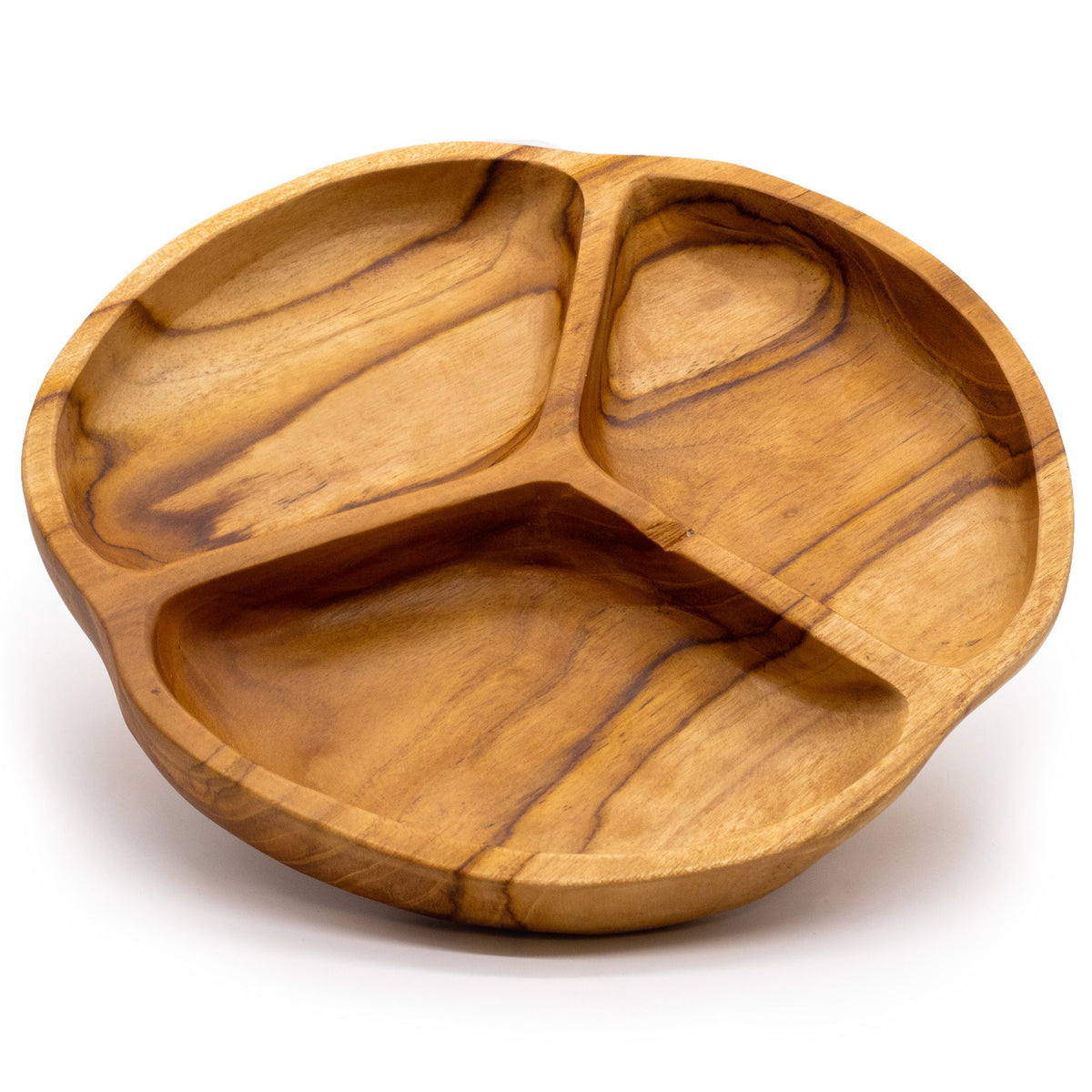 Frutero circular de madera de teca con tres compartimentos, acabado liso, veteado natural y tono marrón cálido.