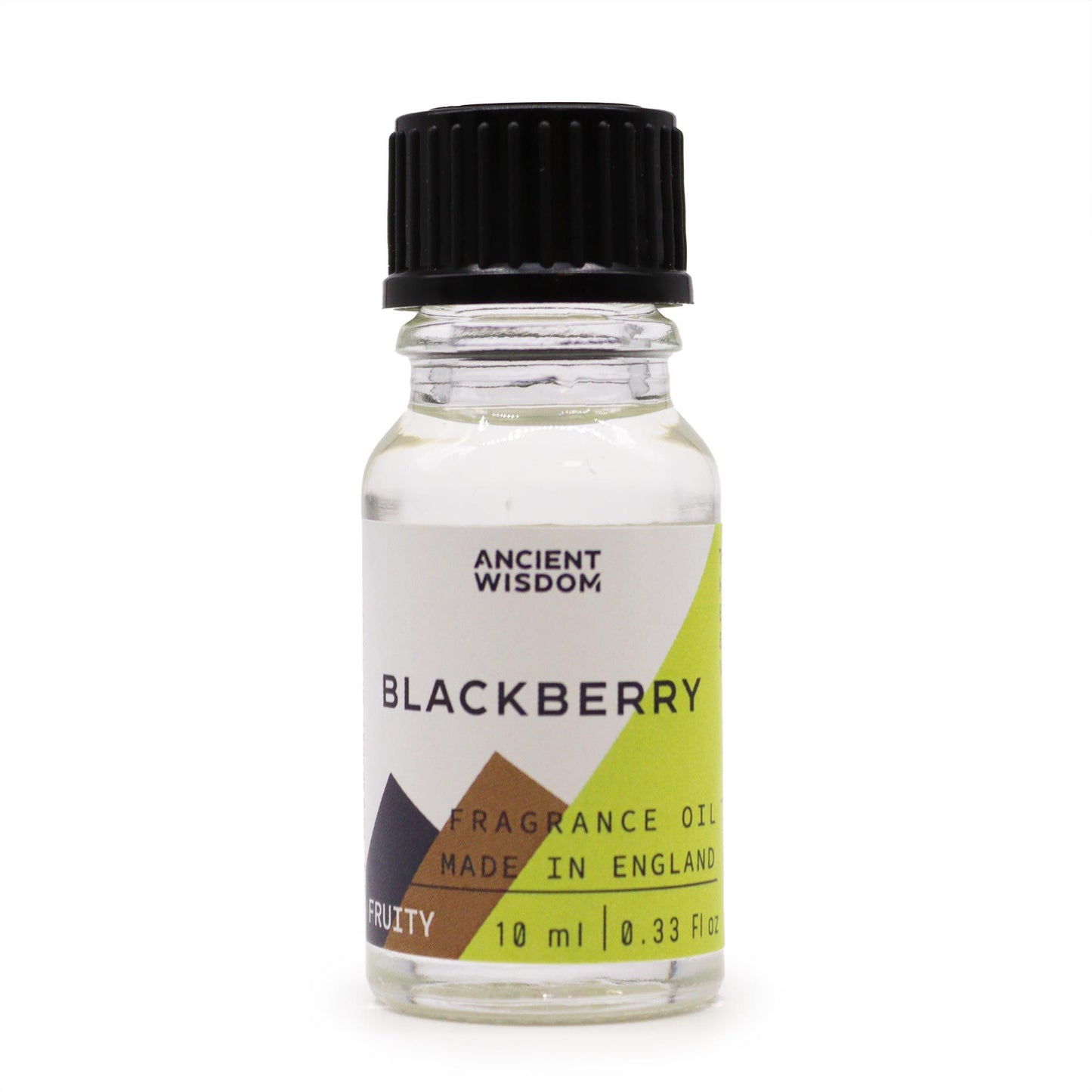Frasco de cristal transparente con 10ml de aceite perfumado de mora, tapa negra y etiqueta con motivos geométricos.