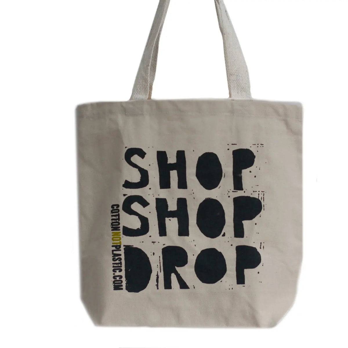 Bolsa de tela de algodón color beige con asas y texto en negro estilo tipografía desgastada.