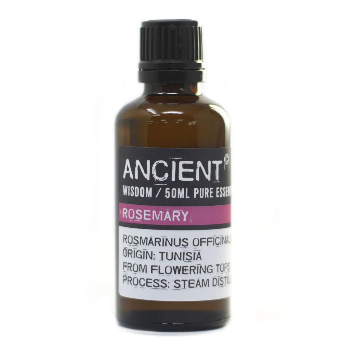 Frasco de vidrio ámbar de 50ml con aceite esencial de romero, tapa negra y etiqueta descriptiva sobre fondo blanco.