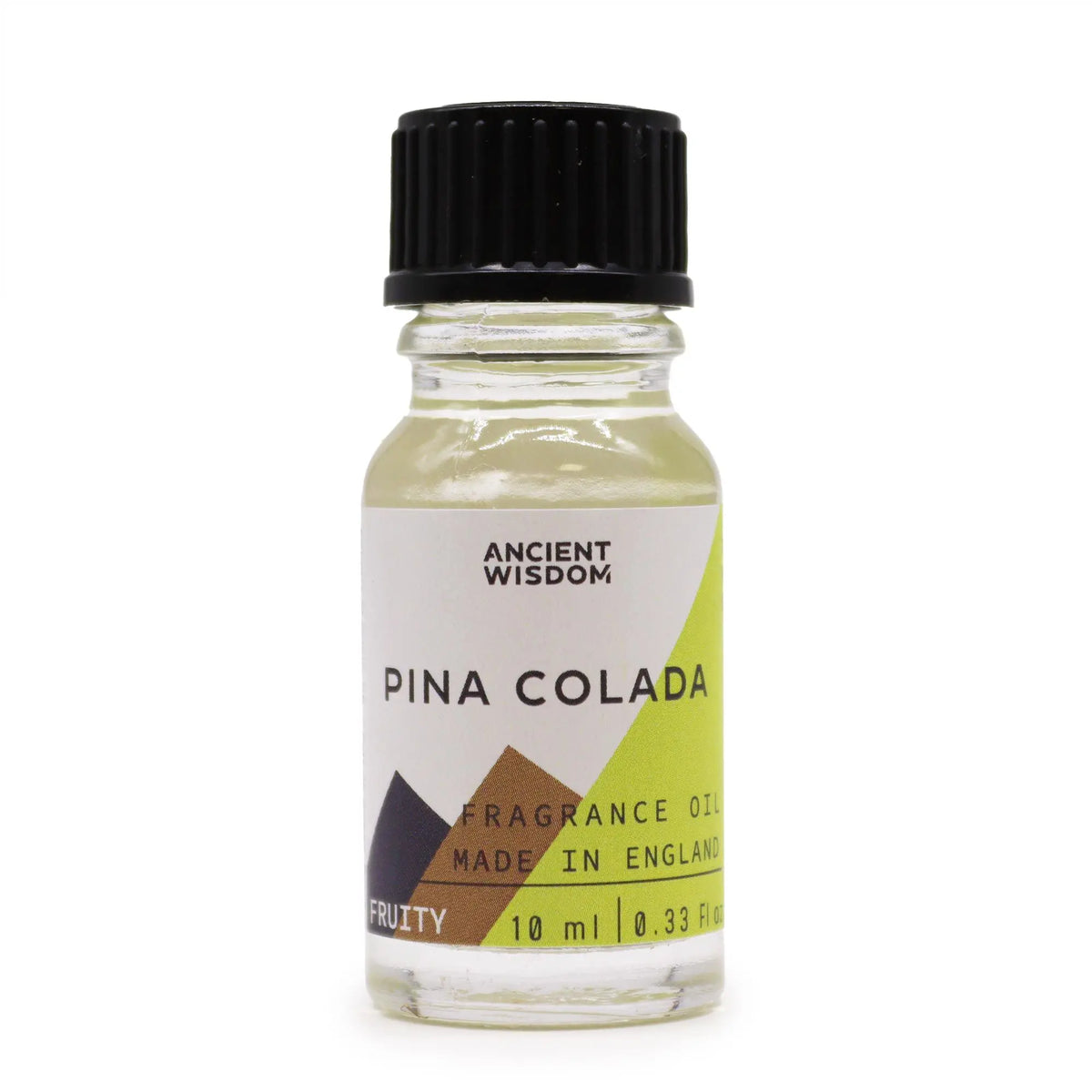 Frasco pequeño de cristal con aceite de fragancia Piña Colada, tapa negra y etiqueta minimalista en tonos verde y ocre