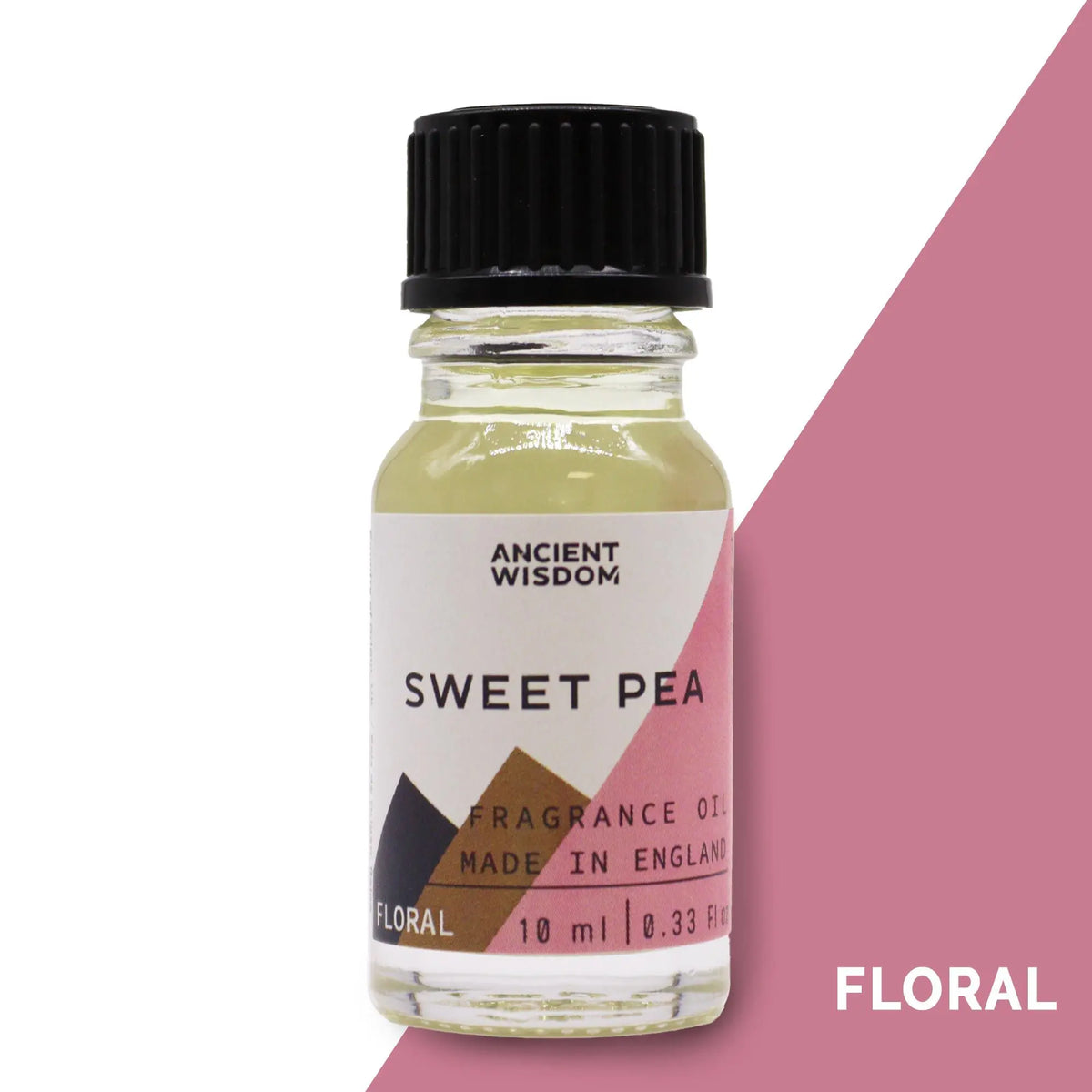 Frasco de vidrio de 10ml con aceite de guisante dulce, tapa negra y etiqueta geométrica en tonos rosa y marrón.