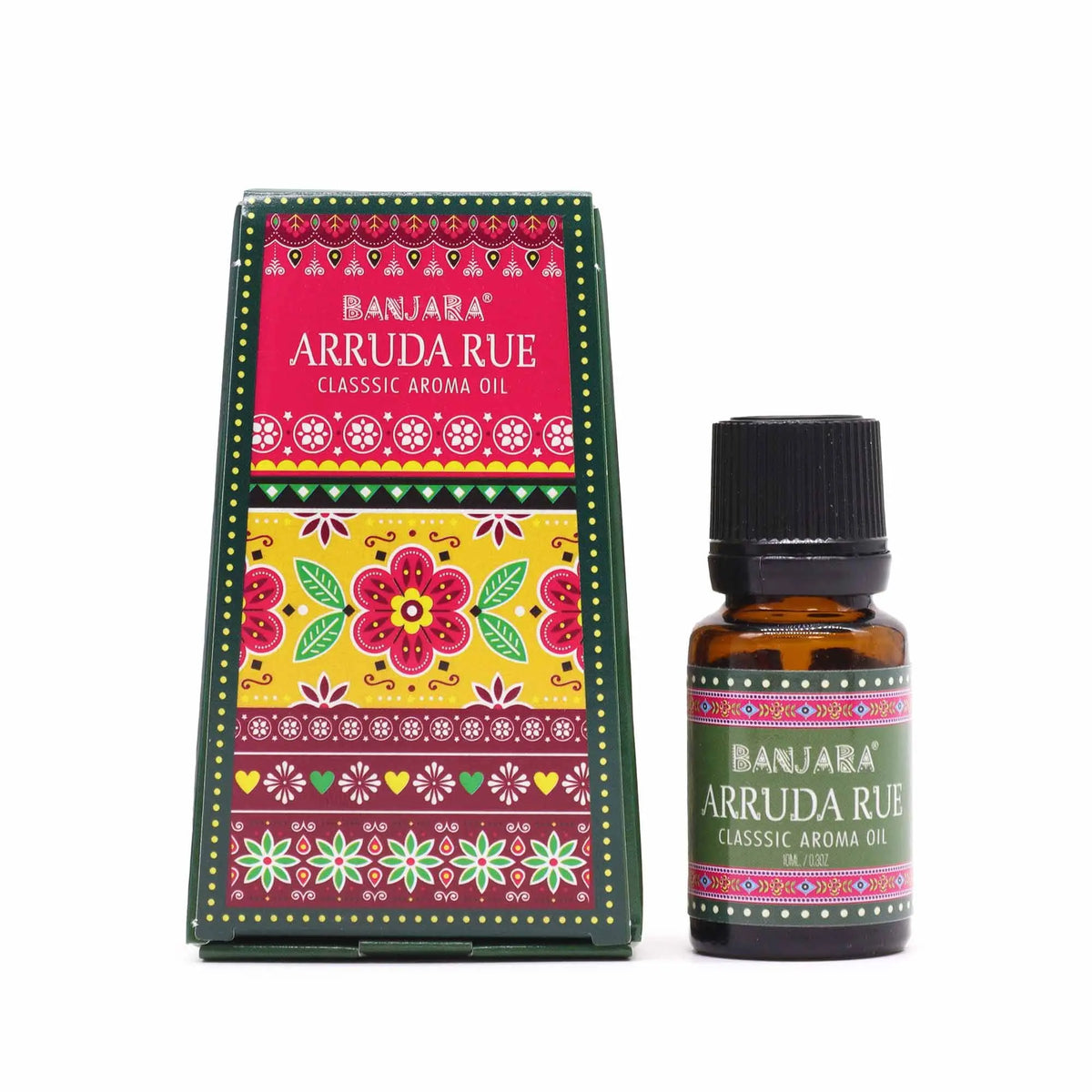 Frasco de 10ml de aceite aromático y su caja decorada con motivos florales coloridos y diseño tradicional indio.