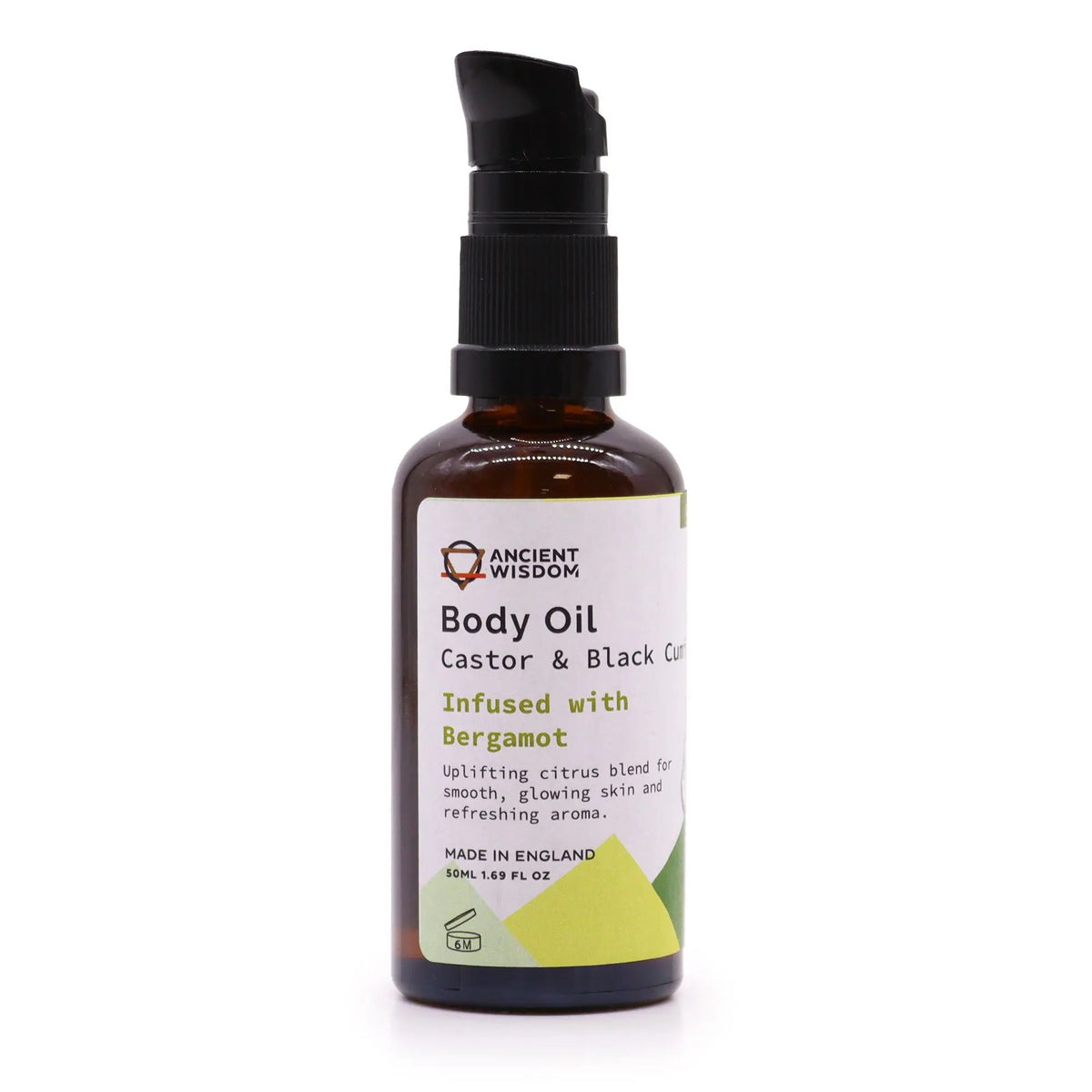 Frasco de vidrio ámbar de 50 ml con dosificador negro y etiqueta con texto e ilustraciones en tonos verdes y amarillos.