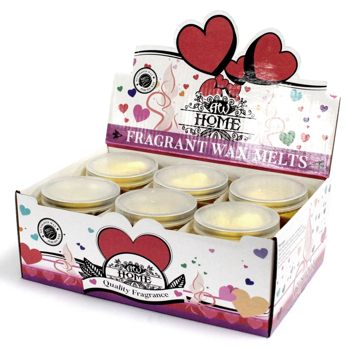 Caja expositora con seis frascos de cera de soja color amarillo, decorada con corazones de colores sobre fondo blanco.