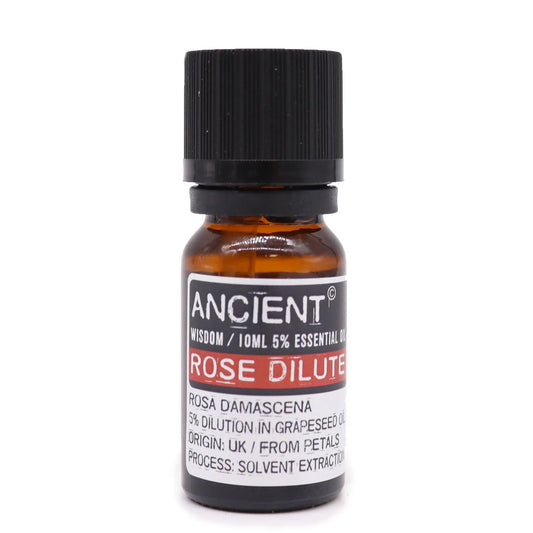 Aceite diluido de rosa damascena, 10 ml, en frasco ámbar, extracto en aceite de uva, aroma suave y floral.