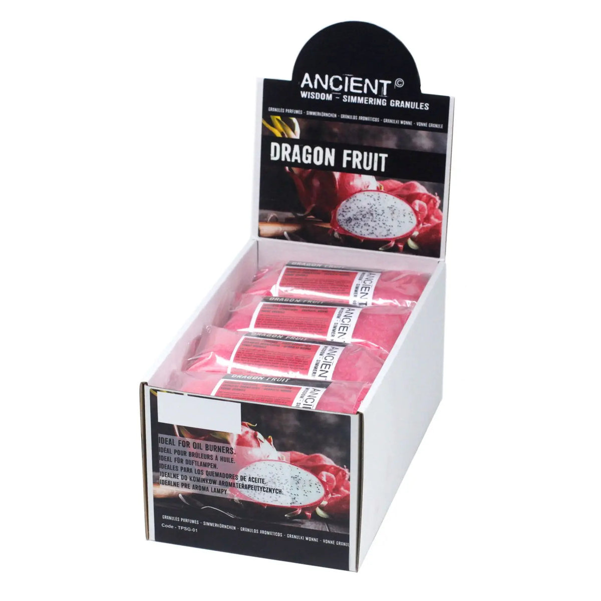 Expositor con saquitos de gránulos aromáticos de color rosa intenso, decorado con imágenes de fruta del dragón.