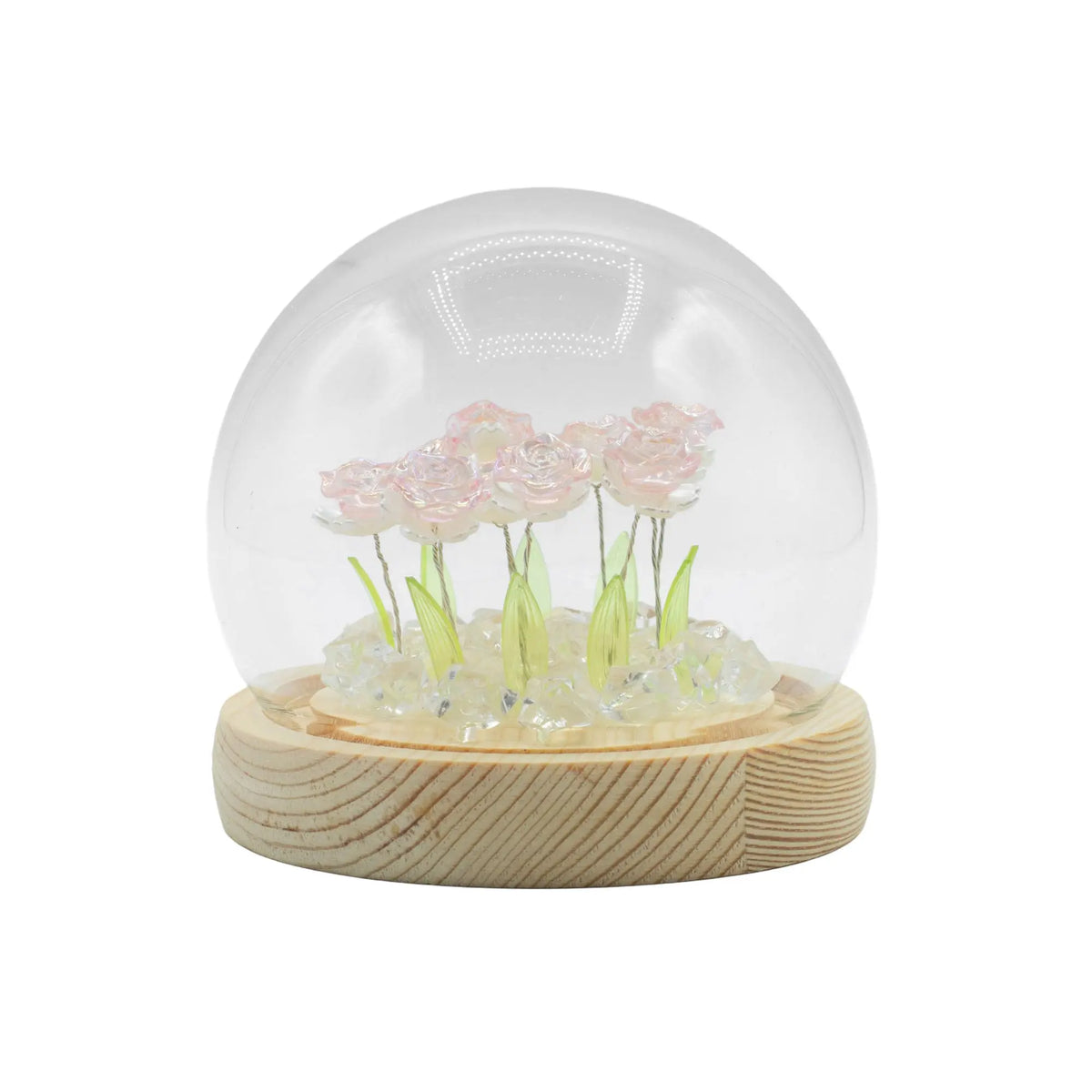 Domo de cristal con 10 rosas rosadas LED sobre base de madera circular. Diseño elegante con brillantes pétalos.