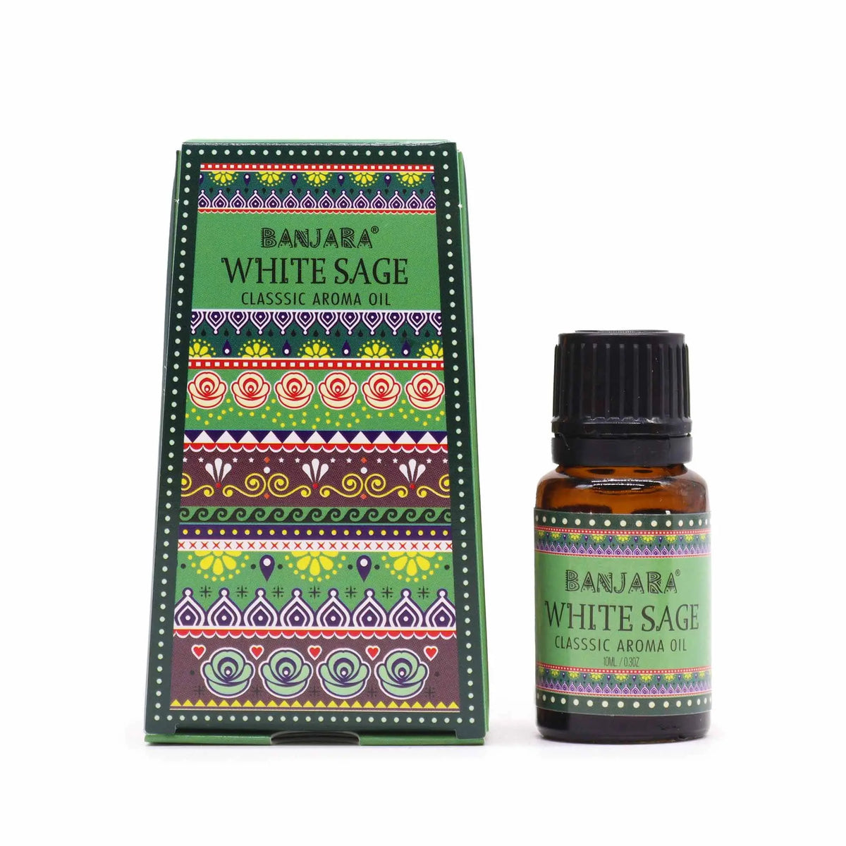 Frasco de 10ml y caja con diseño verde decorado con patrones coloridos tradicionales y texto de aceite de salvia.