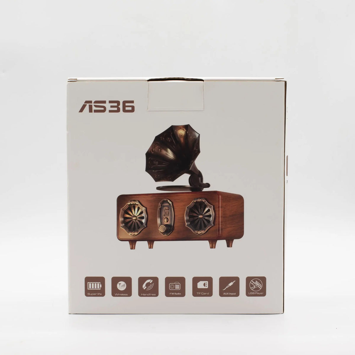Caja de altavoz Bluetooth retro estilo gramófono, madera marrón, doble bocina decorativa y panel de control frontal.