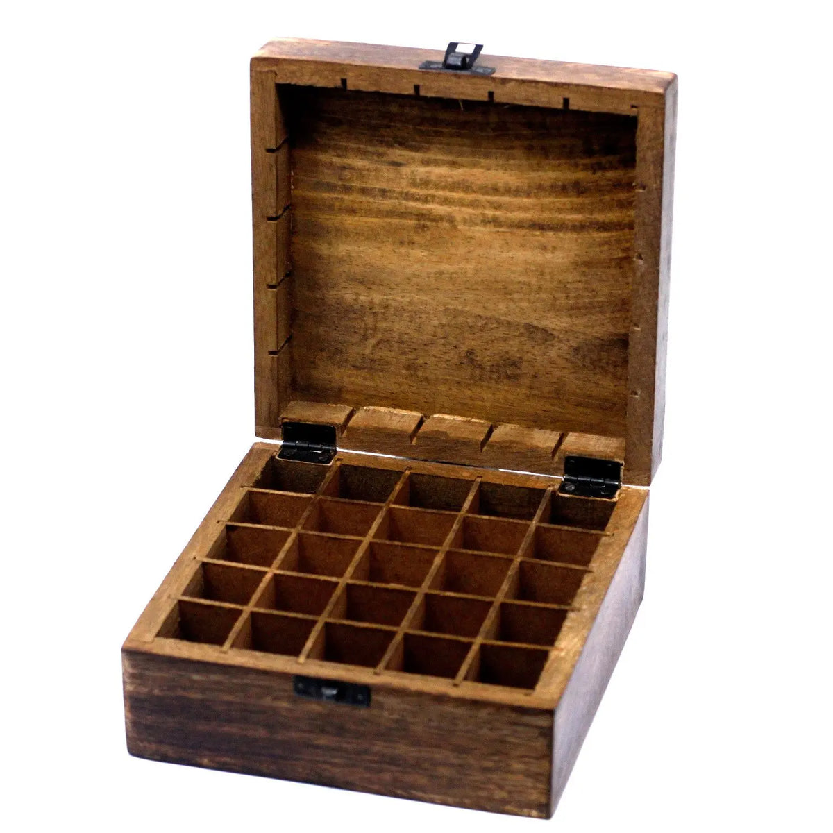 Caja de madera de mango oscura, abierta, con compartimentos para 25 botellas de aceites esenciales.