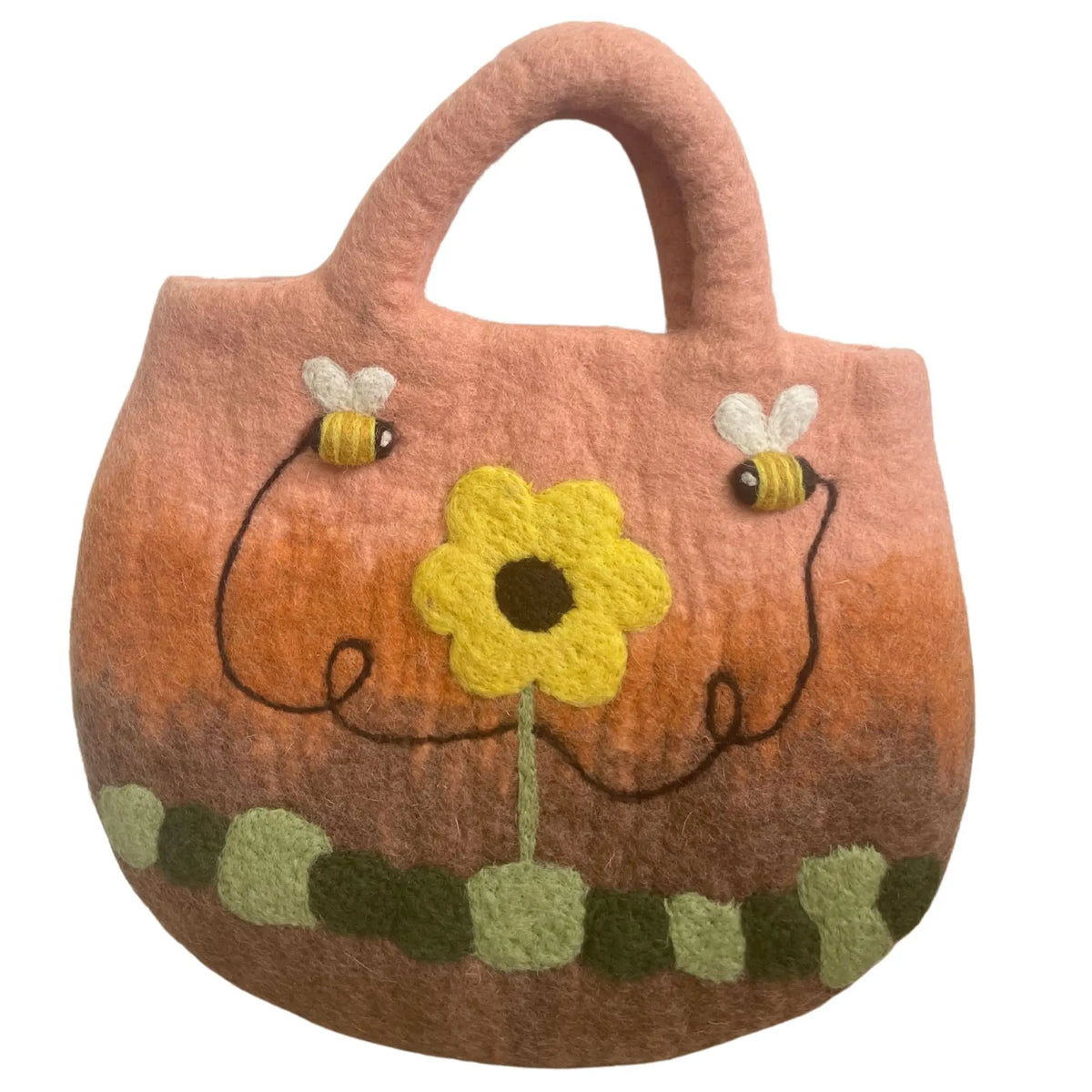 Bolsa de fieltro colorida con degradado, decorada con un girasol amarillo y dos abejas bordadas. Fondo blanco.
