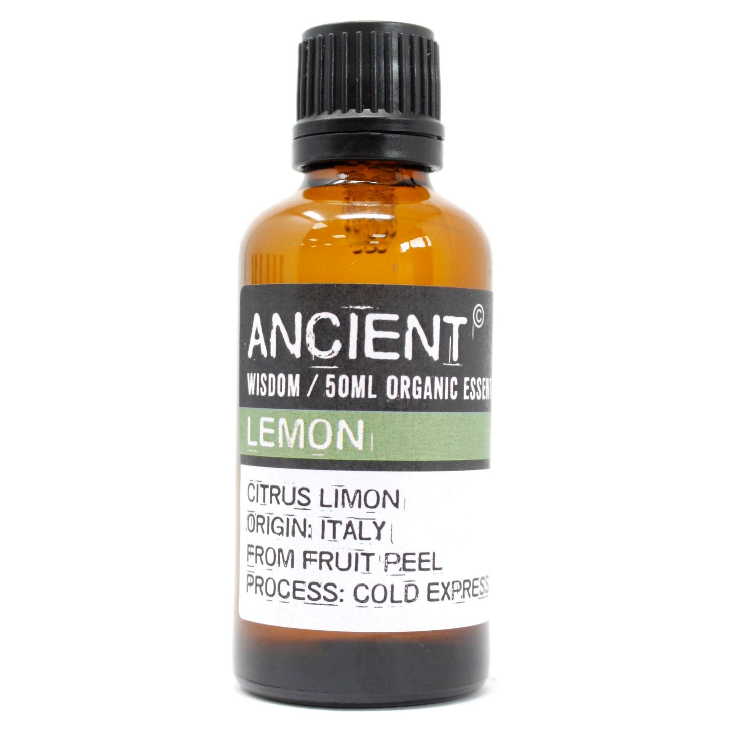 Frasco de vidrio ámbar de 50ml con tapa negra y etiqueta de marca Ancient Wisdom de aceite esencial orgánico de limón.