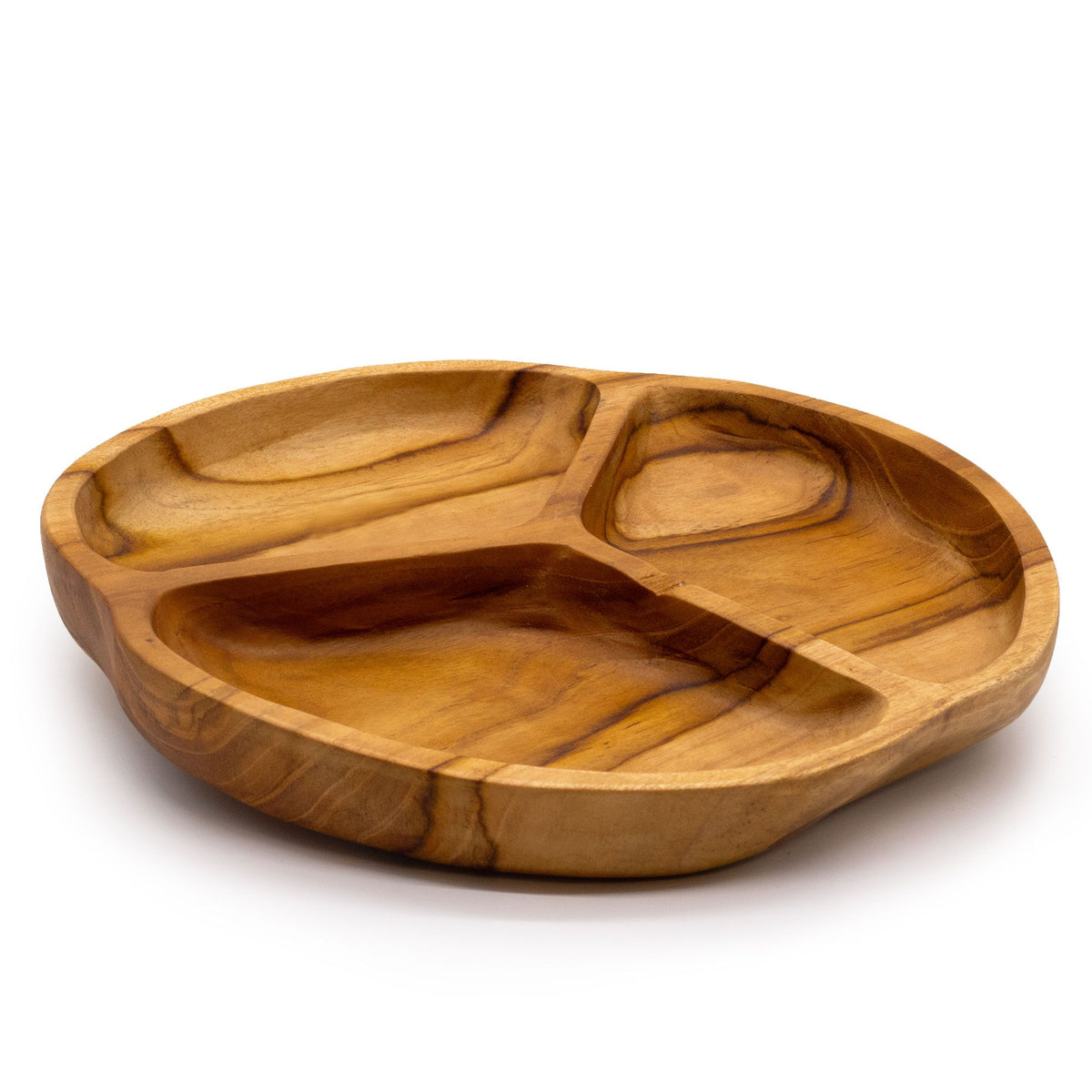Frutero redondo de madera de teca con tres compartimentos, acabado liso y veteado natural en tono marrón cálido.