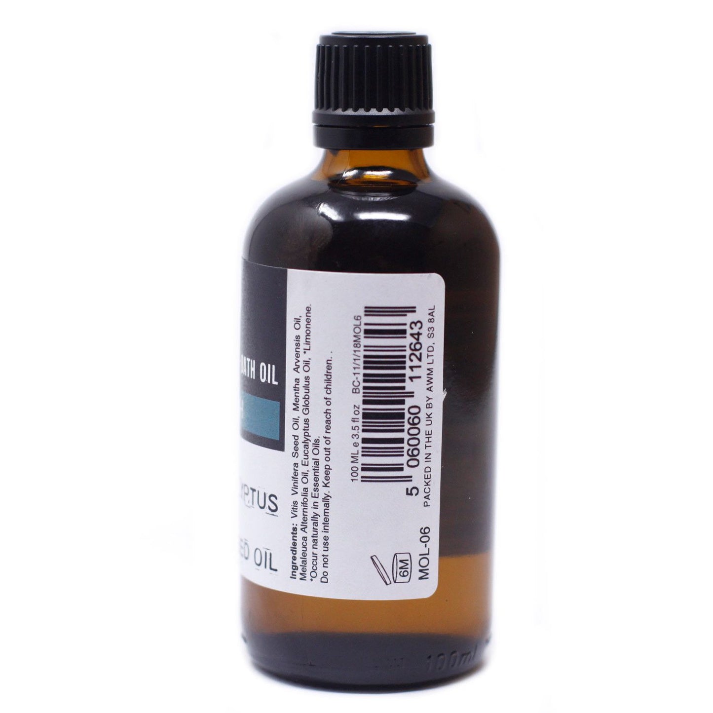 Frasco de vidrio ámbar de 100ml con tapa negra y etiqueta blanca lateral que muestra ingredientes y código de barras