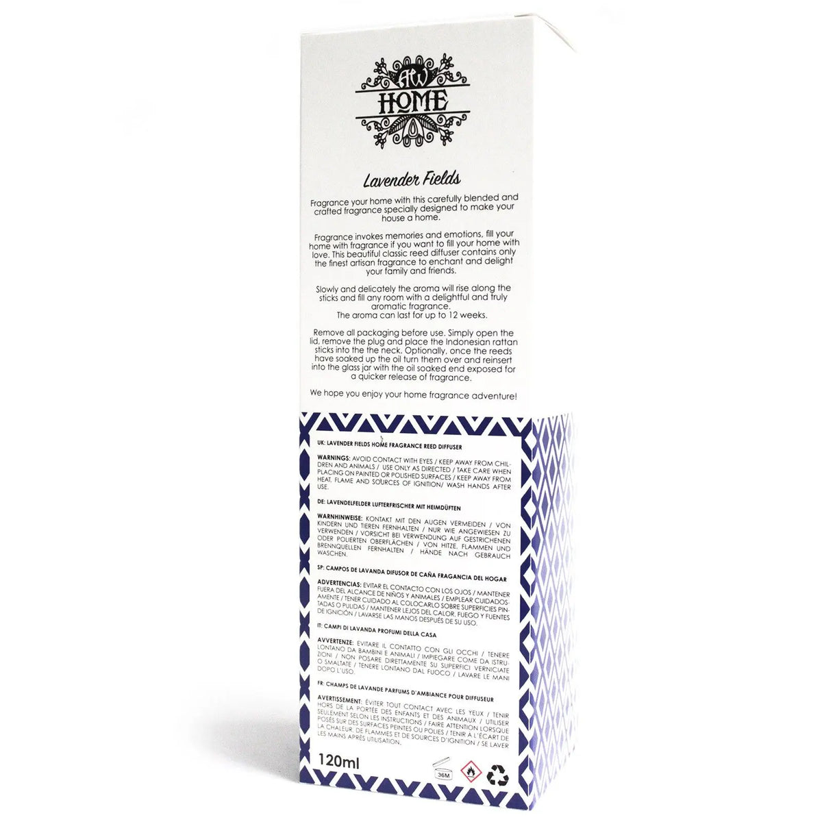 Spray aromático "Lavender Fields" de 120ml, diseño elegante en azul y blanco, aroma fresco y relajante.