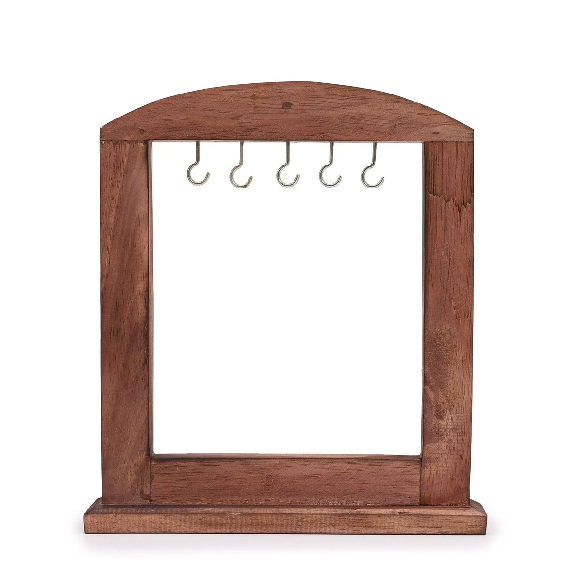 Soporte artesanal de madera oscura con marco arqueado y cinco ganchos metálicos para colgar artículos. 30x25 cm.