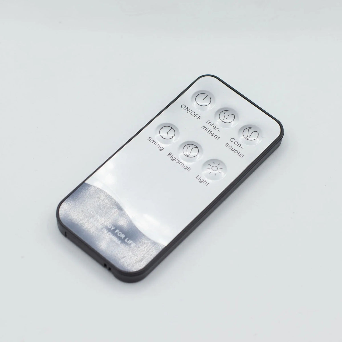 Control remoto blanco y negro con botones para encender, apagar y ajustar luz. Ideal para lámparas modernas.