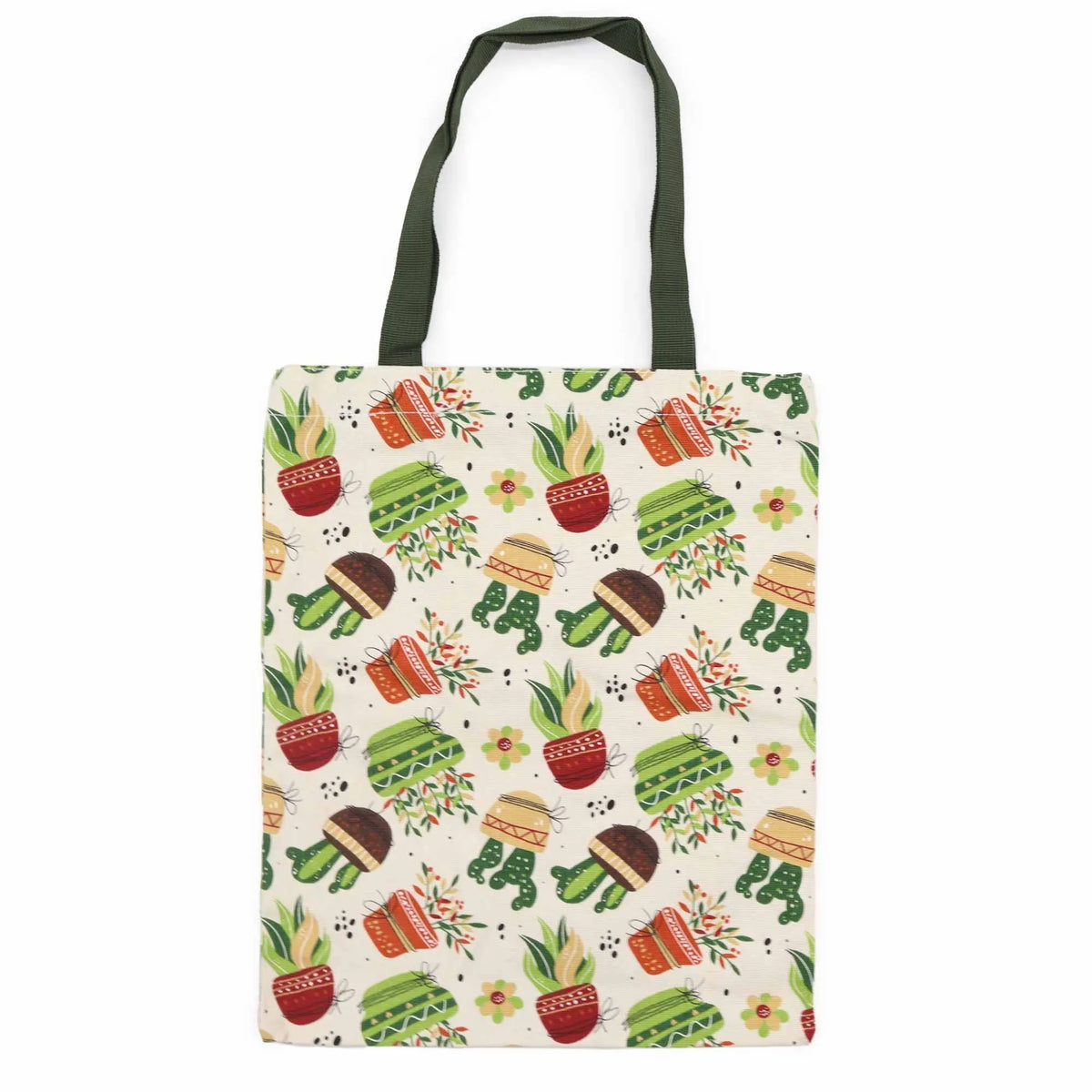 Bolsa tote de tela con estampado de cactus y flores en macetas sobre fondo crema. Asas largas en color verde oliva.