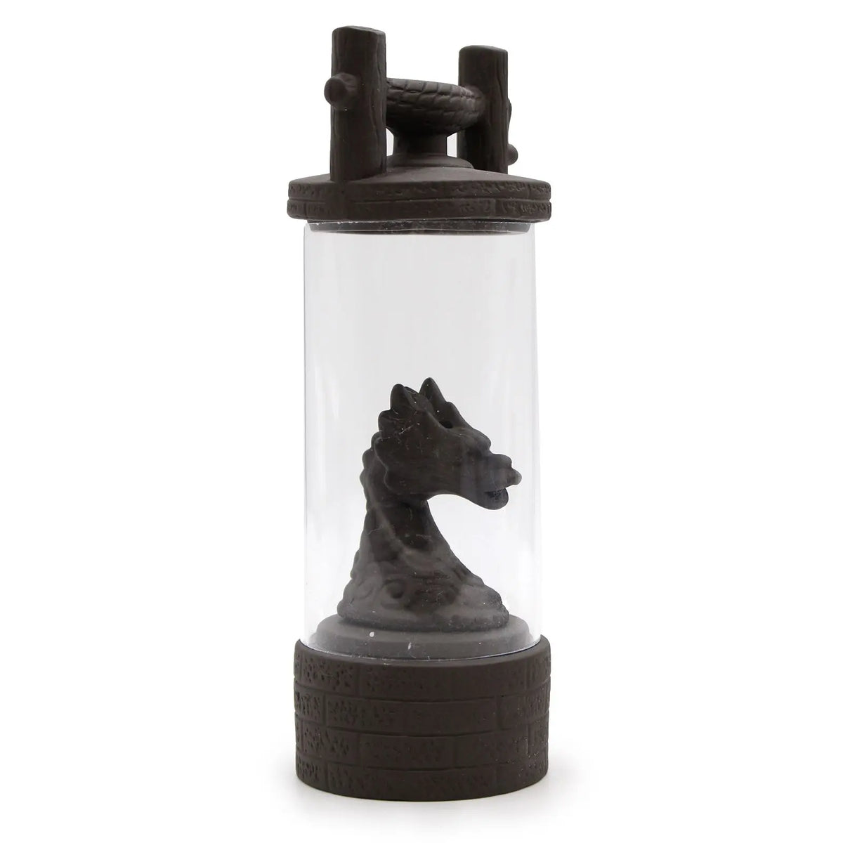 Quemador de incienso de flujo inverso con figura de dragón oscuro en un tubo de cristal sobre base de resina marrón.