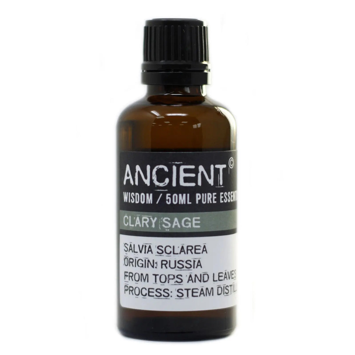 Frasco de vidrio ámbar de 50ml con aceite esencial de salvia sclarea y etiqueta informativa sobre fondo blanco