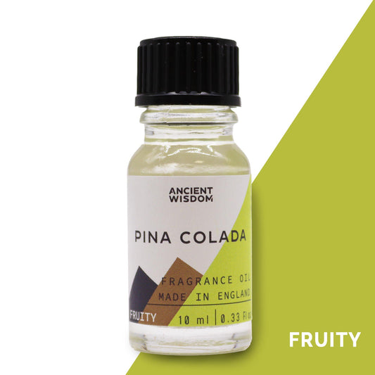 Frasco de vidrio de 10 ml con aceite de fragancia aroma piña colada etiqueta minimalista y tapa negra sobre fondo verde