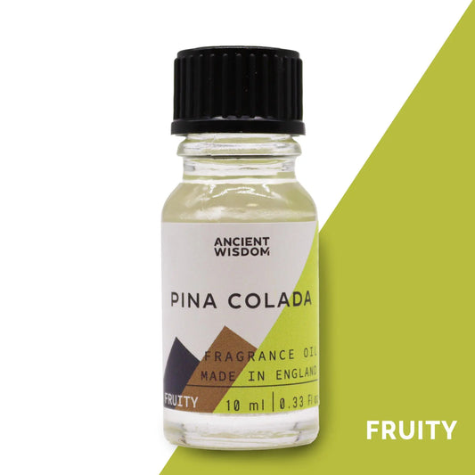 Frasco de vidrio de 10 ml con aceite de fragancia aroma piña colada etiqueta minimalista y tapa negra sobre fondo verde
