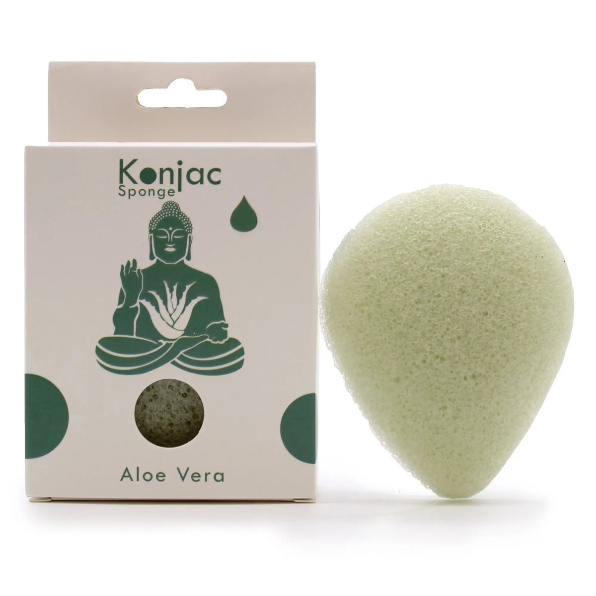 Esponja facial de konjac en forma de gota, color verde claro, junto a su caja de empaque con ilustración de Buda.