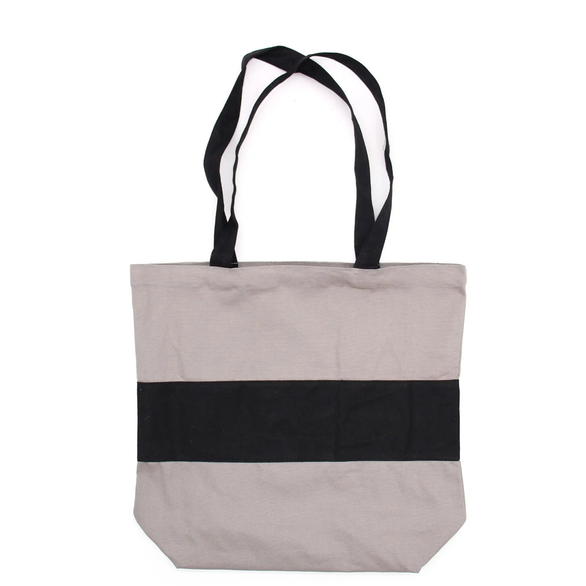 Bolsa de algodón gris con franja horizontal negra y asas negras, estilo tote bag sobre fondo blanco.