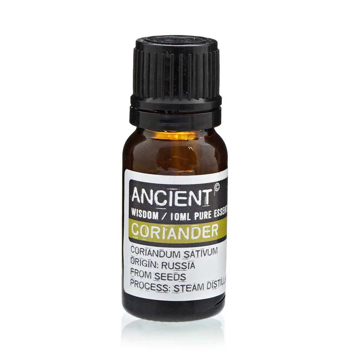 Aceite esencial de cilantro en frasco ámbar, 10 ml, extraído de semillas, destilación al vapor.