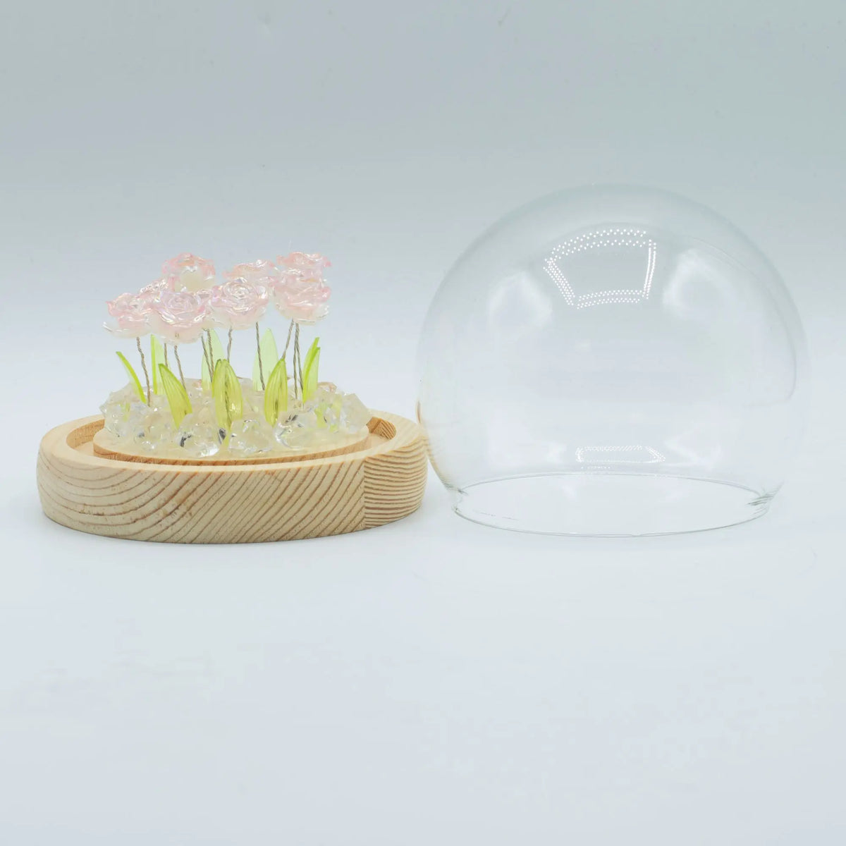 Domo de cristal con base de madera y 10 rosas rosadas LED sobre piedras decorativas. Diseño elegante de Floral Glow.