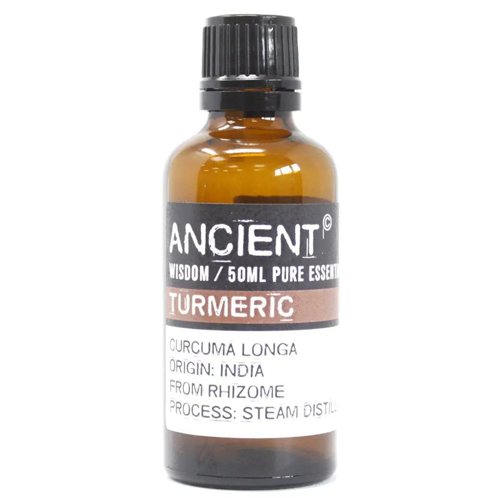 Frasco de vidrio ámbar de 50ml con tapa negra y etiqueta blanca que identifica aceite esencial de cúrcuma.