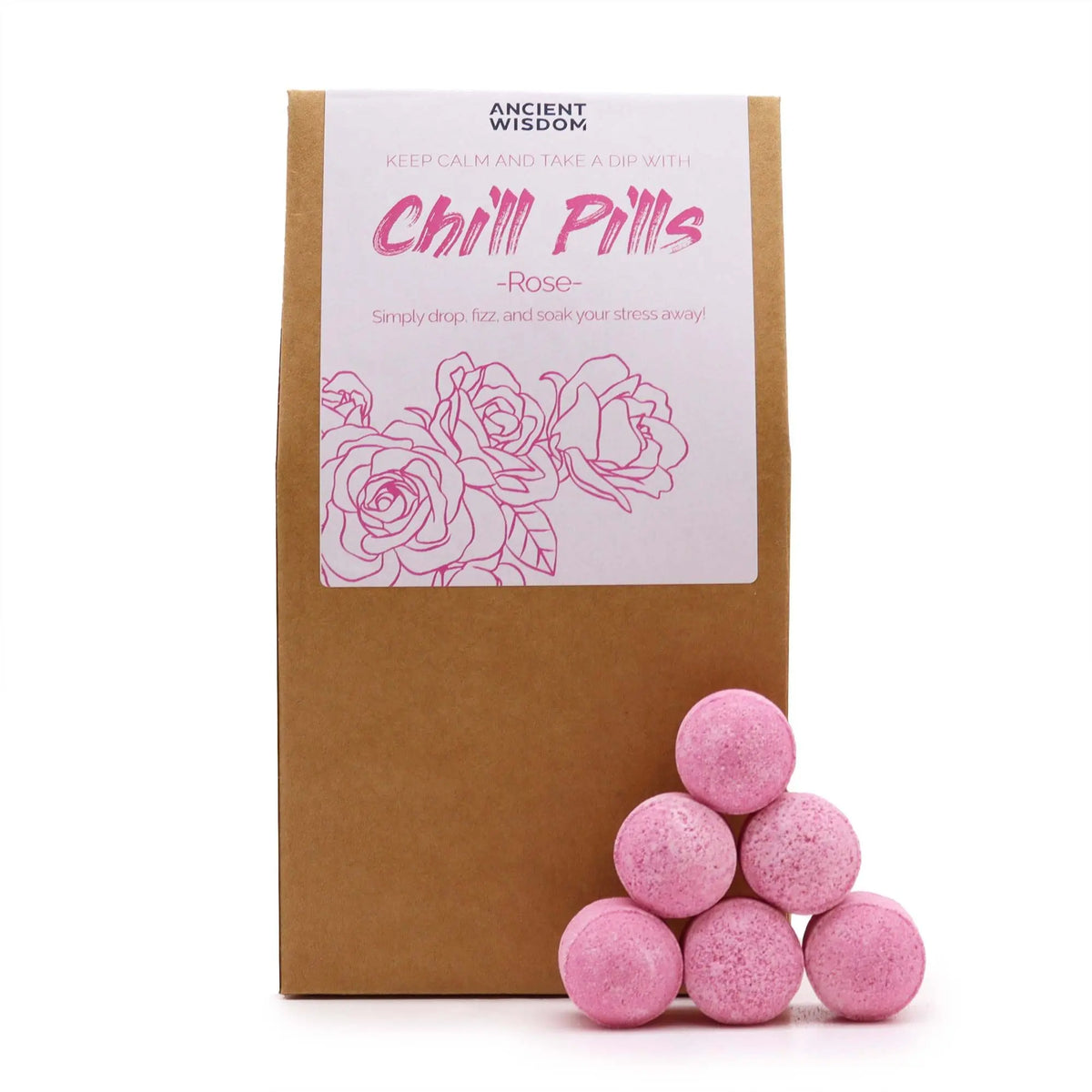 Pack de regalo con mini bombas de baño esféricas rosas y envase de cartón con etiqueta ilustrada de rosas.