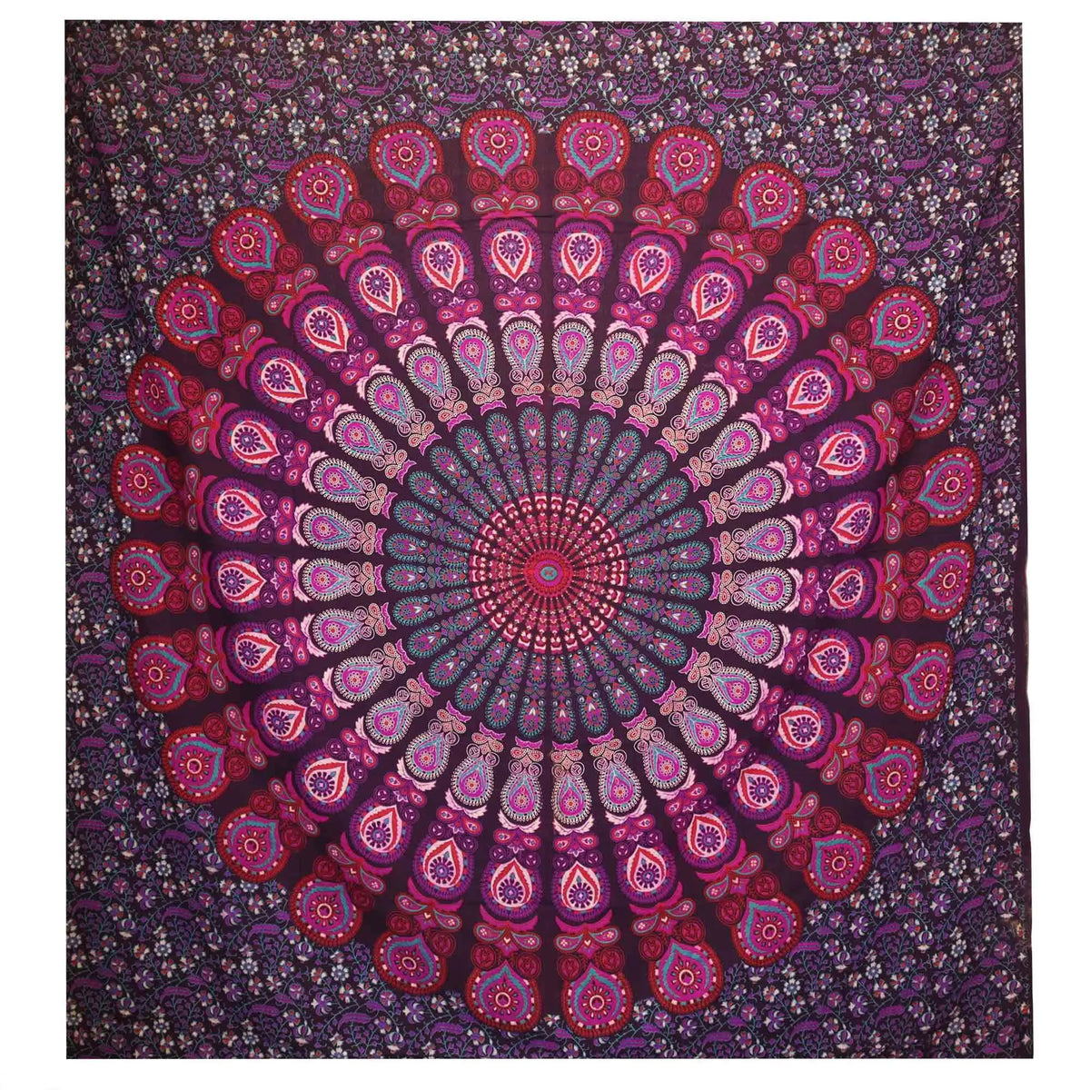 Tapestry mandala circular en tonos púrpura y rosa, 100% algodón, estilo bohemio para decoración.