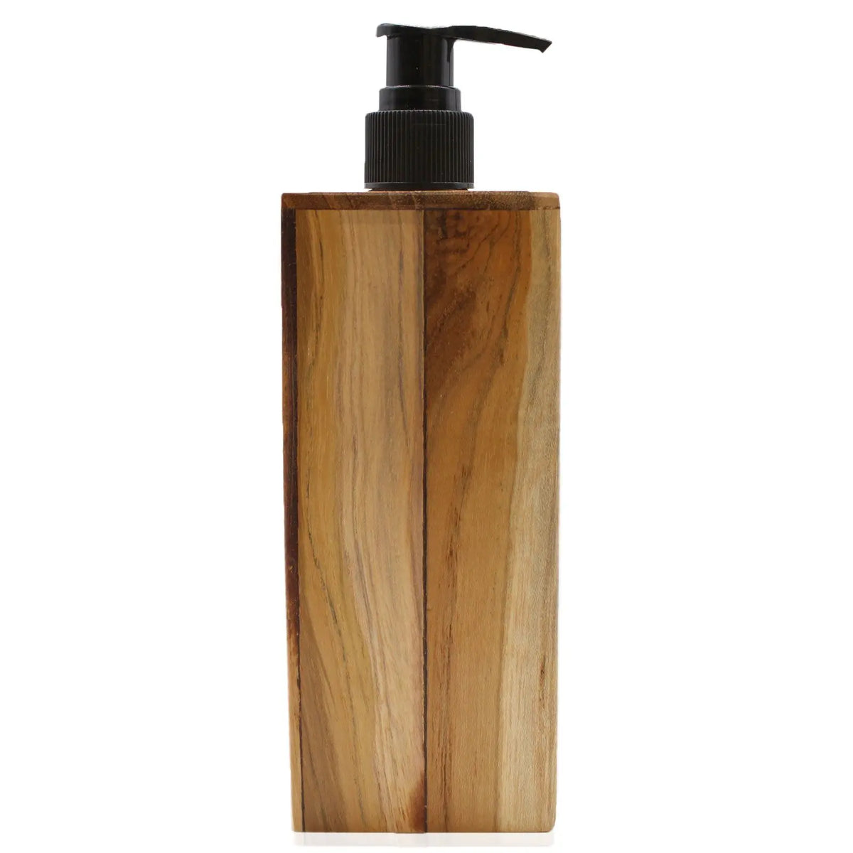 Dispensador cuadrado de jabón líquido fabricado en madera de teca natural con un dosificador de bomba en color negro