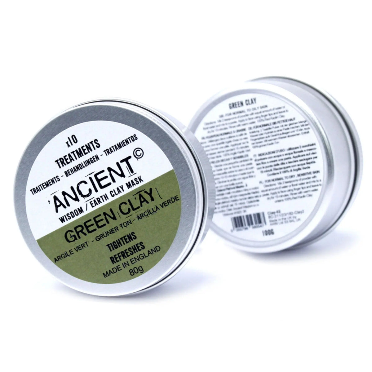 Dos latas redondas de aluminio con tapa, conteniendo mascarilla de arcilla verde. Etiquetas con texto informativo.
