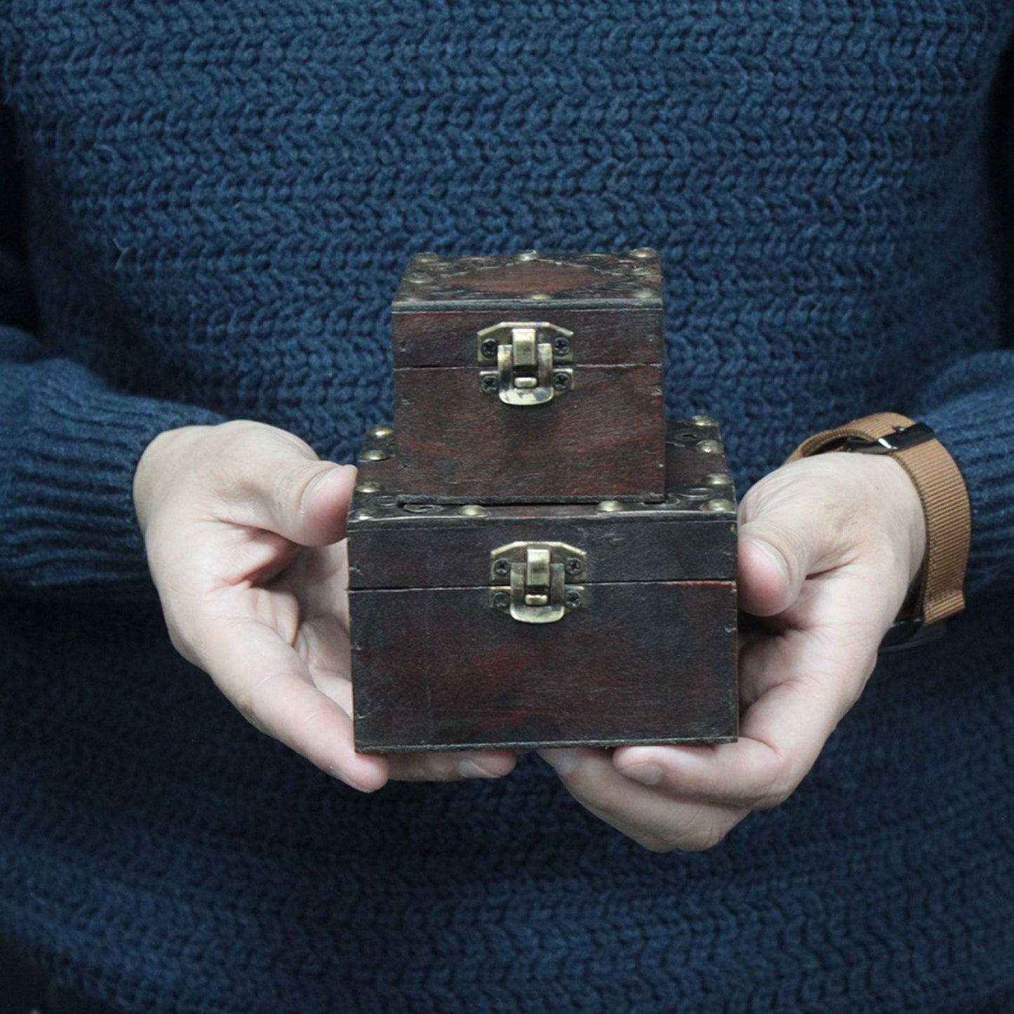 Set de 2 Cajas de Madera Vintage con Cierre de Bronce