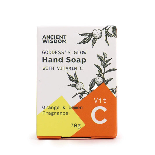 Caja de jabón Ancient Wisdom con vitamina C, diseño cítrico, colores blanco, amarillo y naranja. Contenido de 70g.