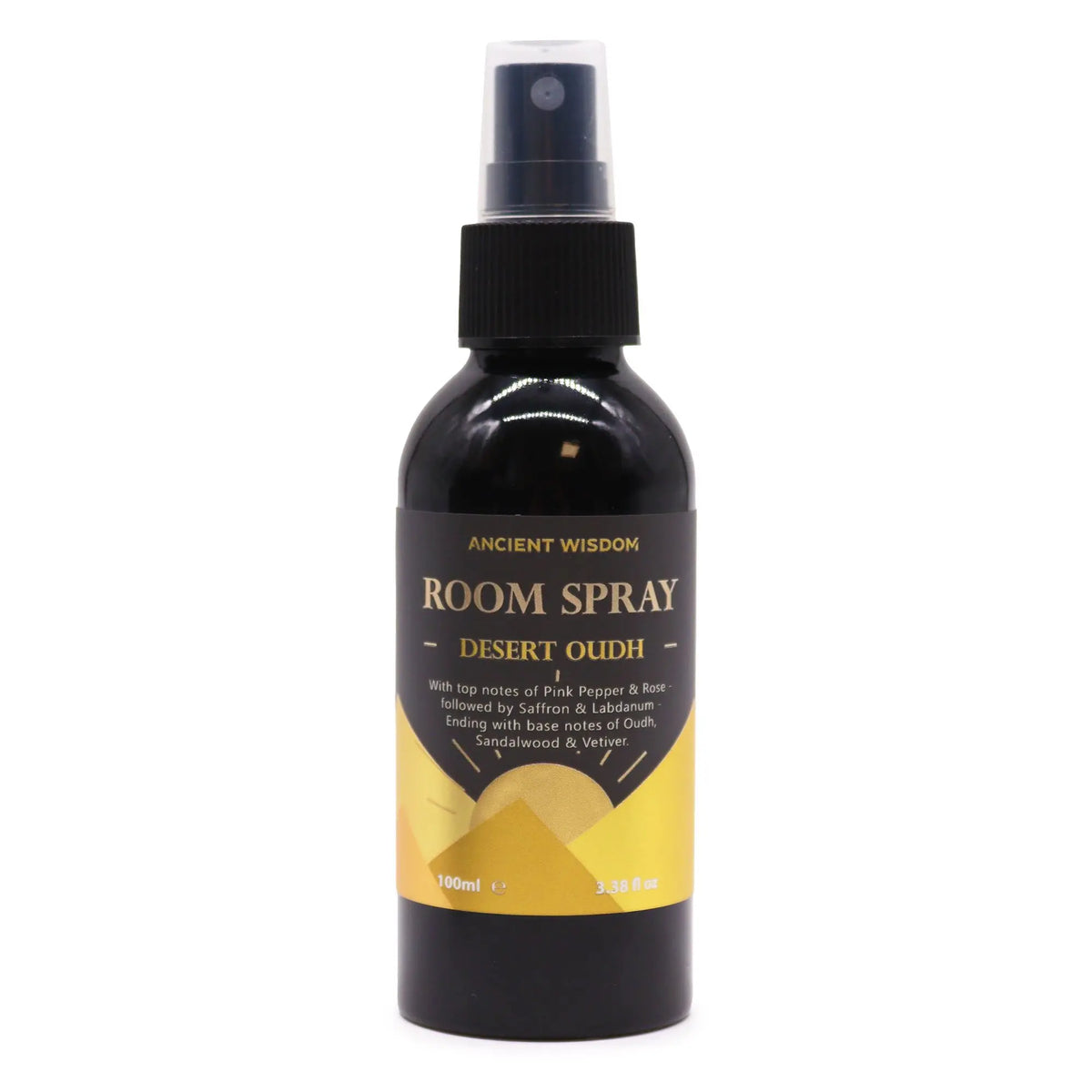 Frasco de spray negro de 100ml con etiqueta amarilla y diseño de dunas, para aromatizar habitaciones.