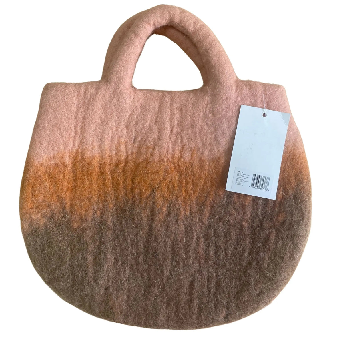 Bolso de mano en fieltro con diseño degradado en tonos rosa, naranja y marrón, estilo artesanal y textura suave
