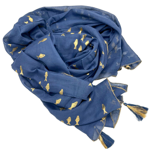 Colección Nómada Sari Mediterráneo - Pareo - Diseño de Peces en Azul Marino y Oro