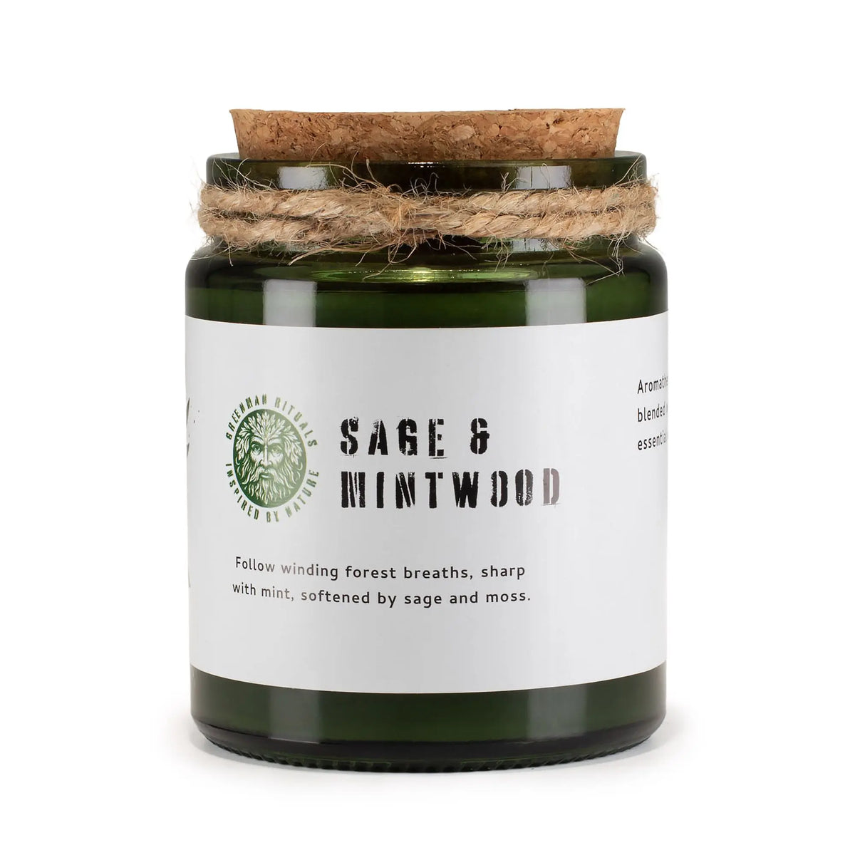 Vela aromática verde con esencia de salvia y menta, tapa de corcho y cuerda decorativa.