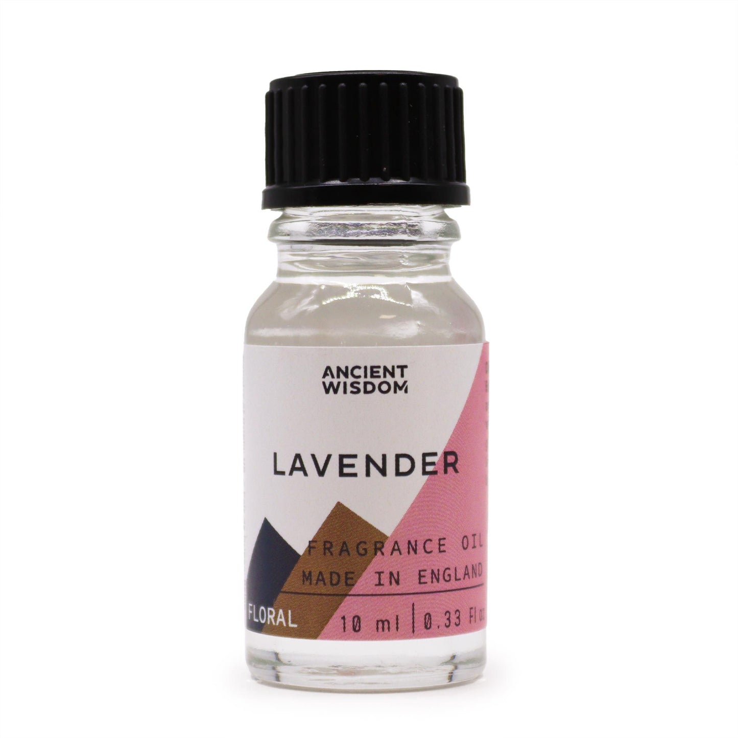 Frasco de vidrio transparente de 10ml con tapa negra y etiqueta blanca con diseño triangular rosa y texto: LAVENDER.