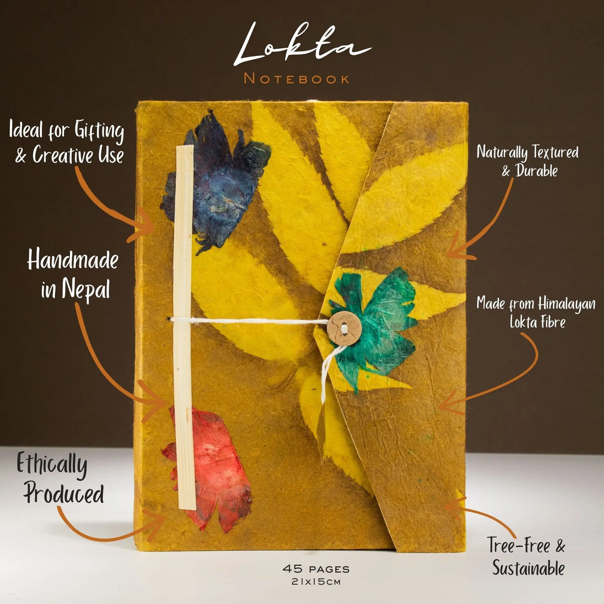 Cuaderno Lokta hecho a mano en Nepal, color amarillo con hojas secas, 45 páginas, sostenible y ético.