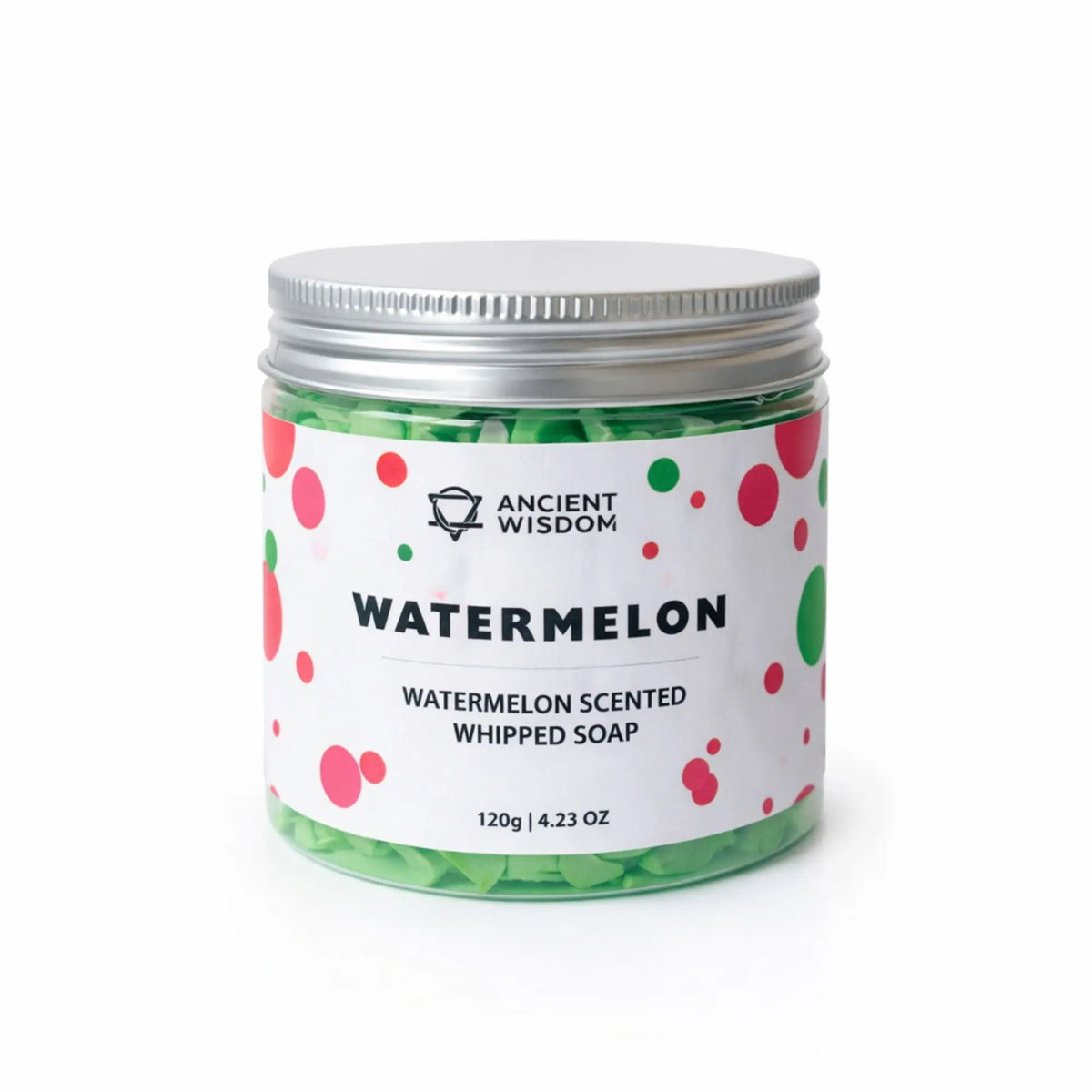 Jabón batido con aroma a sandía en frasco de 120g, con colores verde y rosa, estilo moderno y fresco.