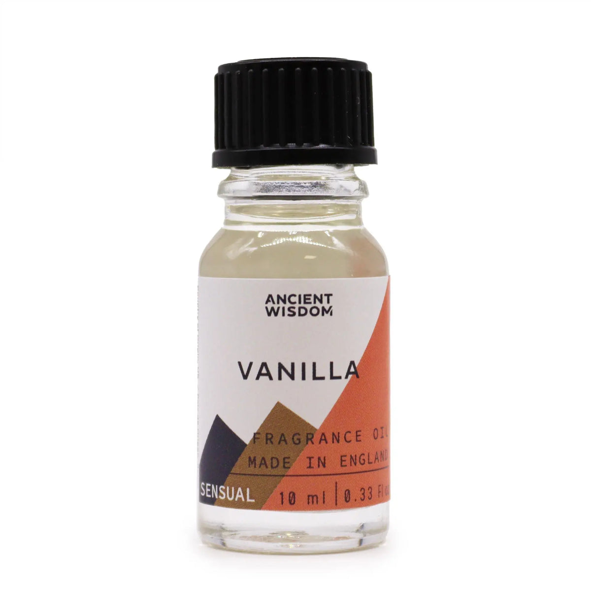 Frasco de vidrio de 10ml con tapa negra y etiqueta blanca con diseño geométrico y texto "Vanilla" sobre fondo blanco.