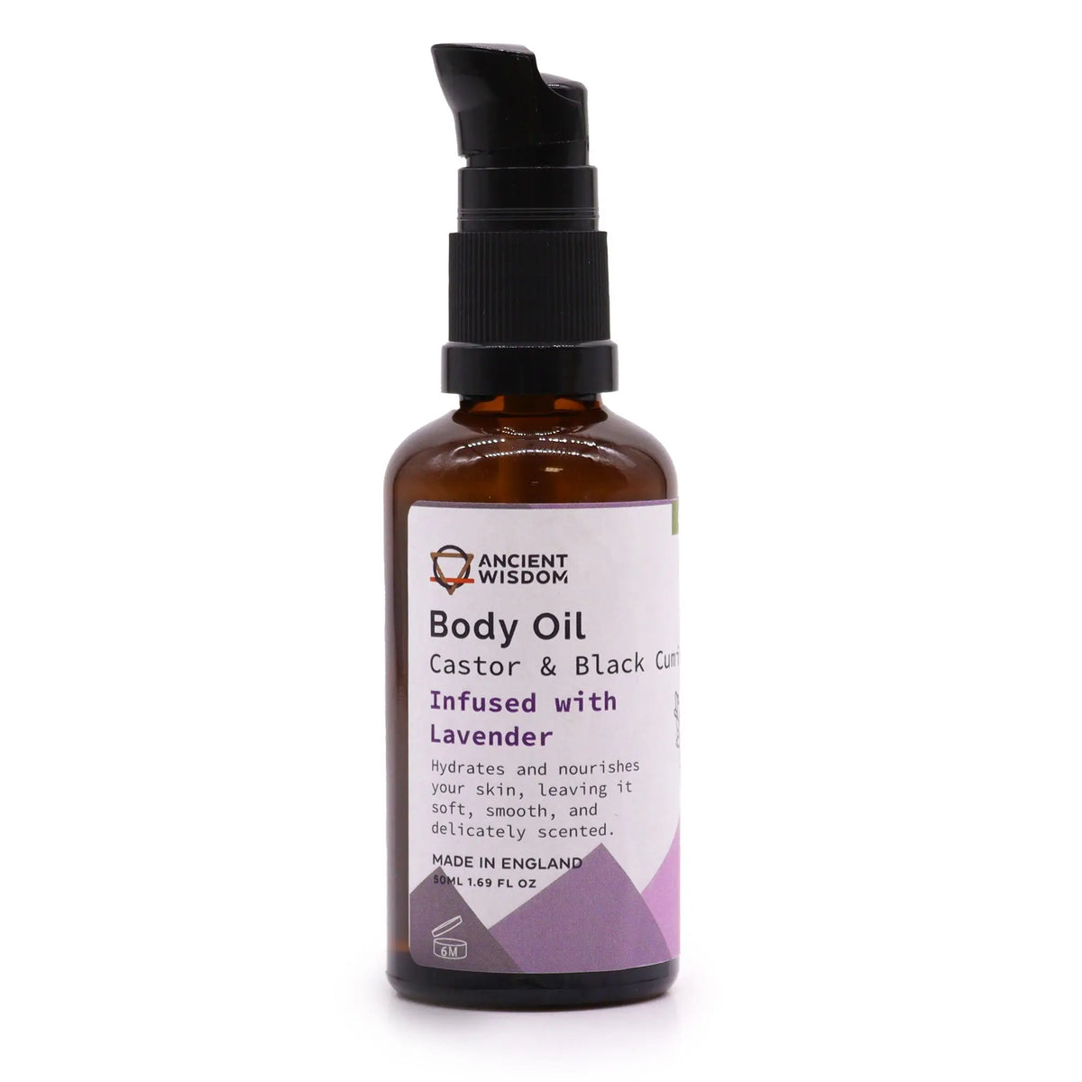 Frasco de vidrio ámbar con dispensador negro y etiqueta en tonos morados para aceite corporal de lavanda de 50 ml