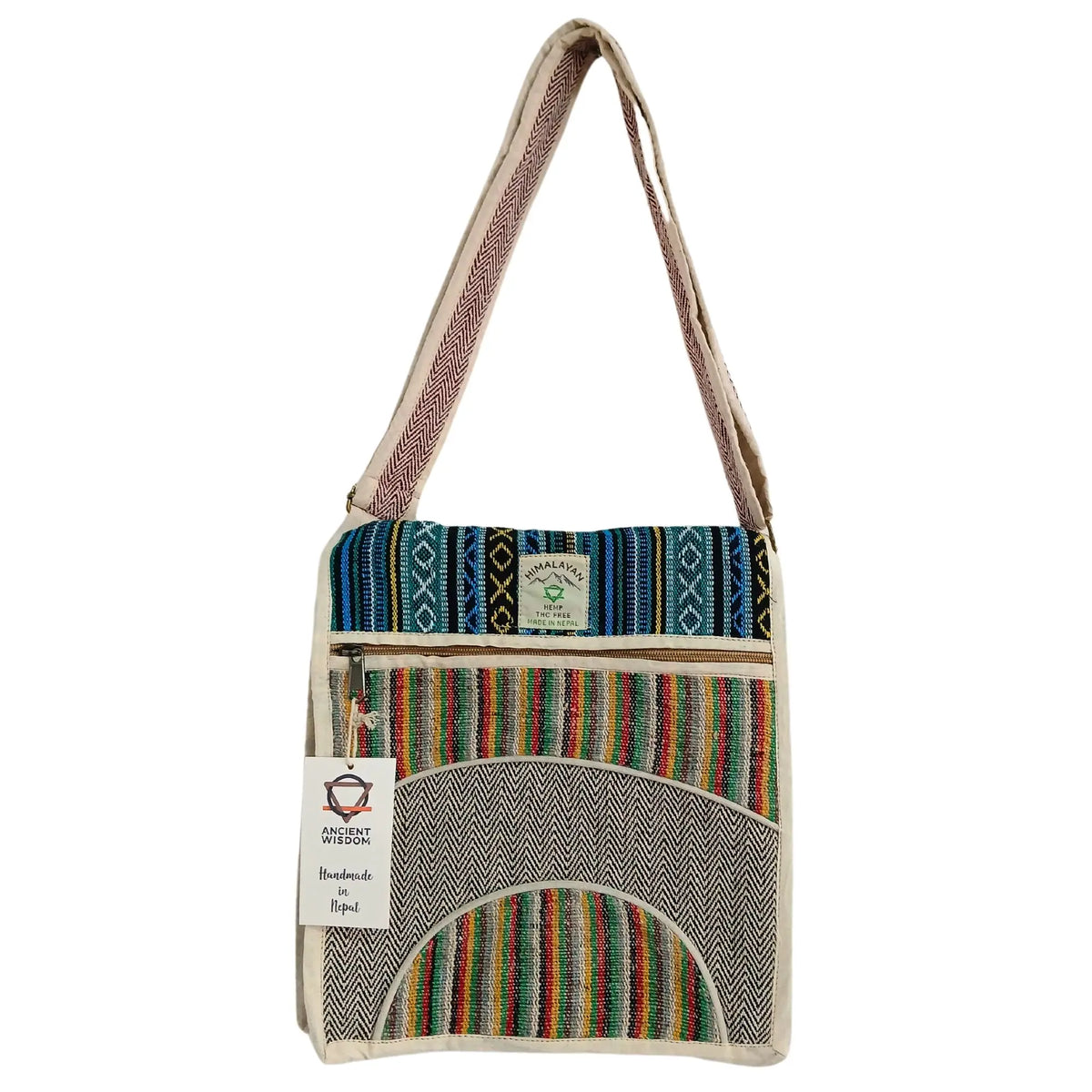 Bolso mensajero de cáñamo con diseño de rayas coloridas, patrón en espiga y correa ajustable estilo artesanal nepales