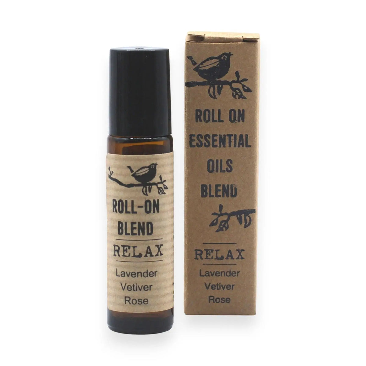 Frasco roll-on de vidrio ámbar y caja de cartón artesanal con etiqueta de estilo rústico y estampado de pájaro.